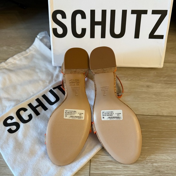 NEW SCHUTZ Cadey Lee Block Casual High Heel Orange Cork Shoes Sandal Strappy 7 - Picture 8 of 12